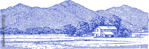 A blue and white drawing of a mountain range with a house in the middle. The house is surrounded by trees. vector illustration