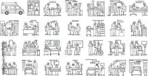 Medical line icons set showing hospital scenes, doctors performing surgery, patient care, ambulance, consultation, examination, and healthcare staff wearing masks, vector.