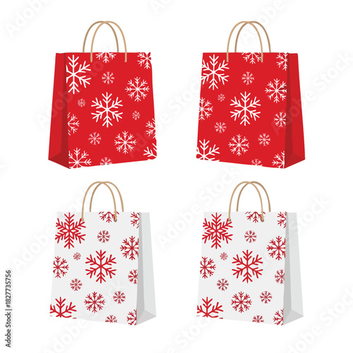 Red and White Christmas Shopping Bags with Snowflake Pattern