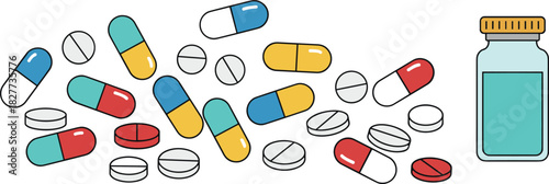 Medicine and pills illustration with capsules, tablets, and bottle, colorful pharmaceutical vector design, healthcare and prescription drug concept
