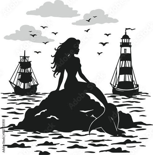Mermaid silhouette with sailing ship and lighthouse, vector illustration for nautical fantasy, ocean mythology, and maritime storytelling concept