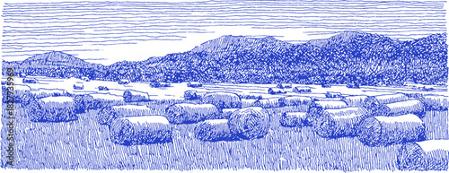 A blue and white drawing of a field with a mountain in the background. The drawing is in a pixelated style. vector illustration