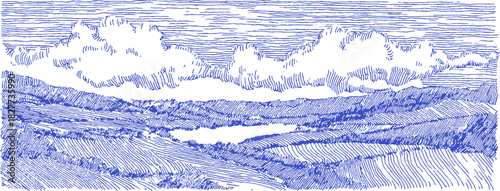 A blue and white drawing of a mountain range with a lake in the foreground. The drawing is in black and white. vector illustration