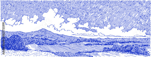 A blue and white drawing of a mountain range. The mountains are in the background and the sky is cloudy. vector illustration