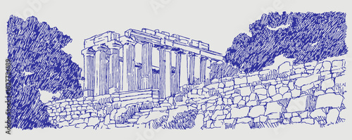 A blue and white drawing of a building with a stone wall. The drawing is in black and white and is very detailed. vector illustration