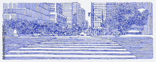 A blue and white drawing of a city street with a sidewalk. There are several people walking on the sidewalk. vector illustration