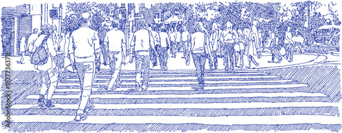 A group of people are crossing a street. There are many people in the scene. Some are walking, while others are riding bicycles. vector illustration