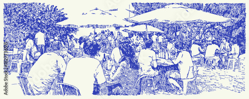 A group of people are sitting outside under umbrellas. There are many people in the scene. vector illustration