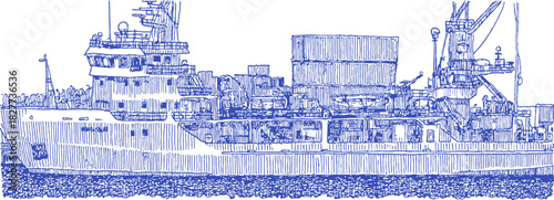 A blue ship with a white background. The ship is large and has a lot of cargo. vector illustration