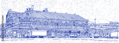 A blue and white drawing of a building with a truck parked in front of it. The truck is a large semi-truck. vector illustration