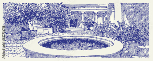 A blue and white drawing of a small pond with a bench. The pond is surrounded by trees and a patio. vector illustration