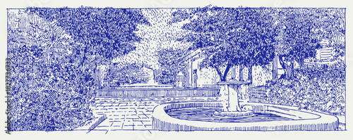 annetdebar_Sketch_of_a_circular_Roman_villa_garden_with_fount_bcc65b5a-d62e-4c17-9109-ca08d2531db3_3_traced