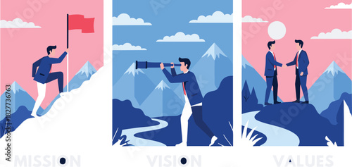 Mission, vision, values concept illustration, goal achievement, strategic foresight, ethical collaboration, mountain summit, telescope view, handshake symbolism, vector design