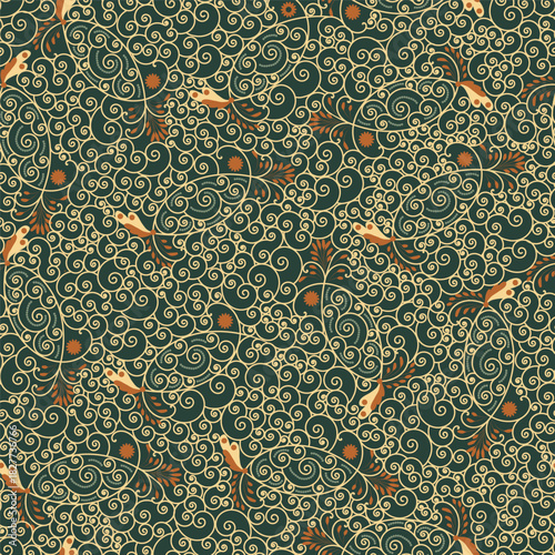 Traditional seamless Paisley pattern. Indian, arabic ornament. Dark green background. Abstract flowers .Vector