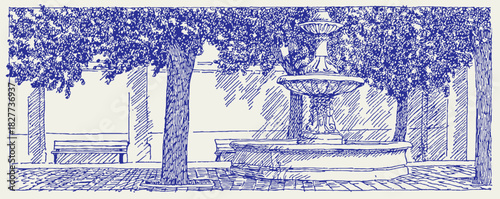 The image is a blue and white drawing of a fountain with trees in the background. vector illustration