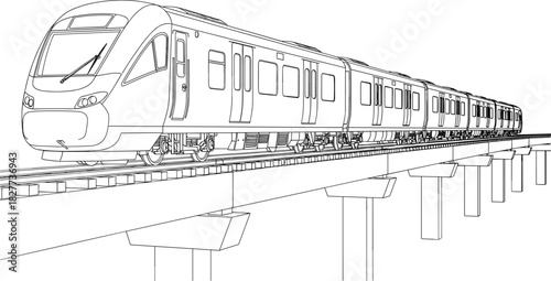 Modern electric metro train on elevated railway line art illustration, urban mass transit system and public transportation vector drawing, infrastructure engineering graphic.