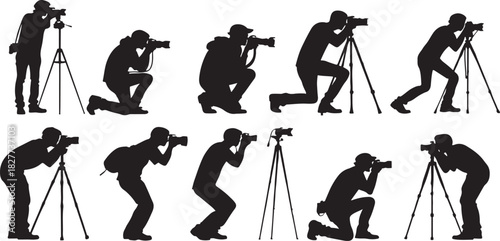 Silhouette of photographers in various poses with cameras and tripods