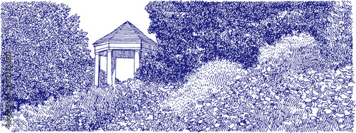 A blue and white drawing of a house with a porch. The house is surrounded by trees and there is a pile of rocks in the foreground. vector illustration