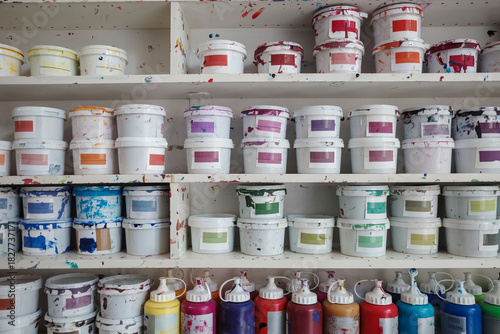 A front view of white wooden shelves in an artist's studio, densely packed with rows of stacked plastic buckets and squeeze bottles containing paint.