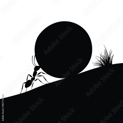 Ant pushing a large sphere up a hill in silhouette