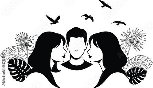 Minimalist trio silhouette with tropical leaves and birds, vector illustration for emotional storytelling, wellness themes, and editorial concept design