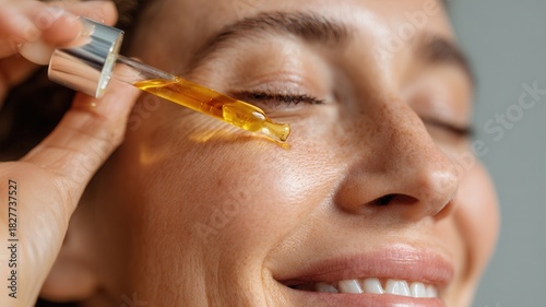 Woman applying beauty serum to her face with a dropper, moisturizing skin for healthy aging and skincare routine