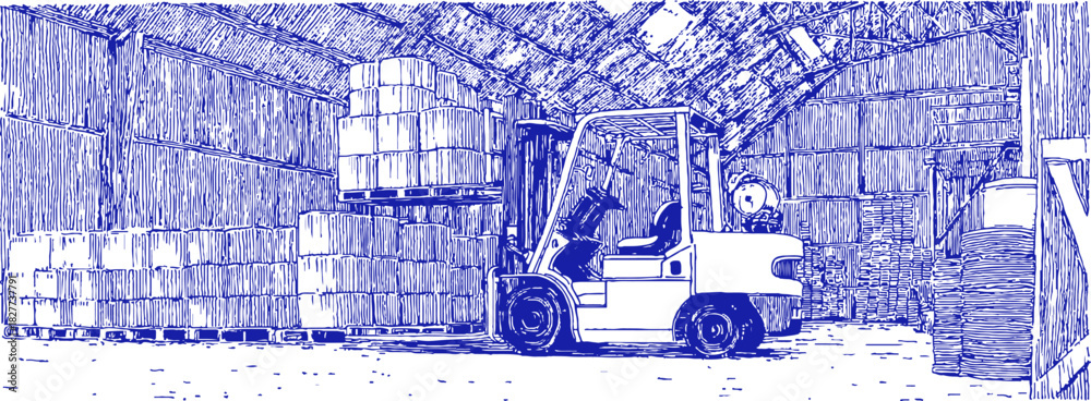 Obraz premium A forklift is driving through a warehouse. The forklift is white and is driving through a pile of boxes. vector illustration