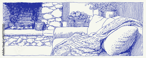 A fireplace is shown in the background of a room. A couch is in the foreground. A blanket is draped over the couch. vector illustration