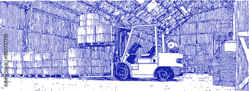 A forklift is driving through a warehouse. The forklift is white and is driving through a pile of boxes. vector illustration