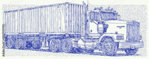 A blue and white drawing of a semi truck. It has a large trailer attached to it, and the trailer is filled with cargo. vector illustration