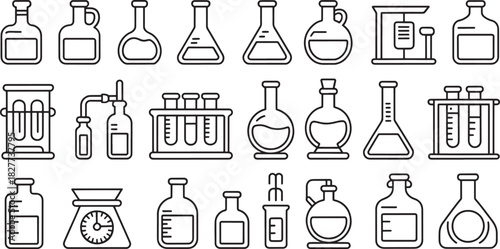 Assortment of laboratory glassware and scientific equipment icons science chemistry