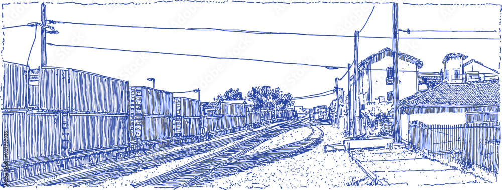 Fototapeta premium A blue and white drawing of a train track with a train in the middle. The train is surrounded by a few cars. vector illustration