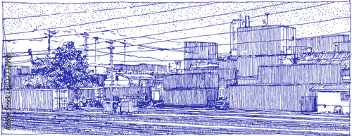 A blue and white drawing of a city with a lot of buildings. There are a few people in the drawing, but they are not very clear. vector illustration