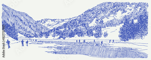 A blue and white drawing of a mountain range with a river and a group of people. The people are walking along the river. vector illustration