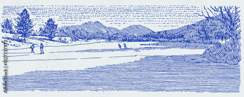A blue and white picture of a lake with people fishing. The lake is surrounded by trees and mountains. vector illustration