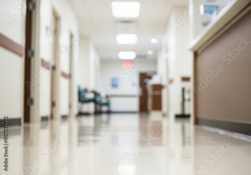 Blurred hospital hallway perspective, medical clinic interior