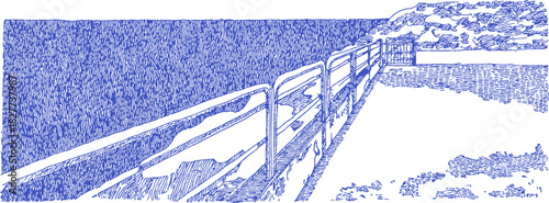 A blue and white drawing of a pier with a fence. The pier is located near the ocean and has a view of the water. vector illustration