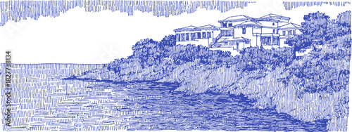 A blue and white drawing of a beach with a house in the background. The house is on a cliff. vector illustration