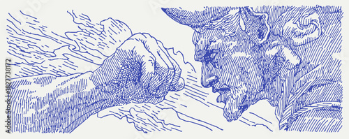 A blue and white drawing of two men in a fistfight. One man is on the left and the other is on the right. vector illustration