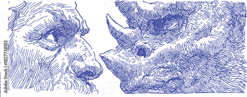 A man and a rhino are shown in a blue and white drawing. The man has a beard and a beard is shown on the rhino. vector illustration