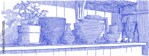 A blue and white drawing of a shelf with a white vase and a blue bowl. The vase is placed on the left side of the shelf. vector illustration
