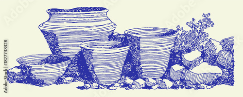 A blue and white drawing of four vases. The vases are arranged in a row and are of different sizes. vector illustration