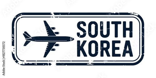 South korea travel stamp with airplane silhouette and distressed texture