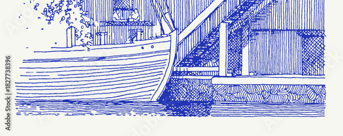 A boat is in the water next to a wooden staircase. The boat is small and has a wooden hull. vector illustration