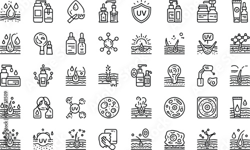 Comprehensive skincare, dermatology, hydration, UV protection, cosmetic treatment, and skin barrier vector icon set designed for beauty, health, and wellness projects.