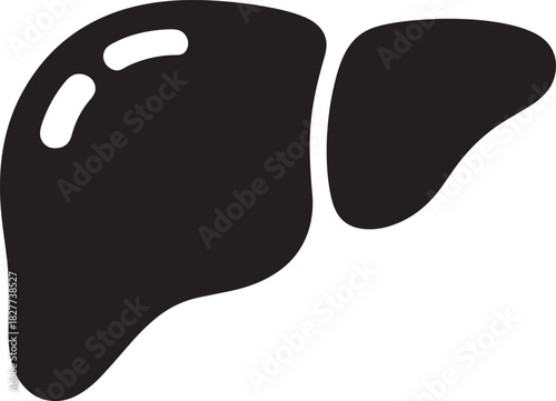 Black silhouette icon of a human liver with white highlights on white organ anatomy