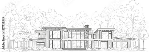 Modern, forest, house, architectural, line, drawing, with, flat, roof, large, windows, chimney, trees, siding, vector, content, residential, design, nature, integration, silhouette, artwork