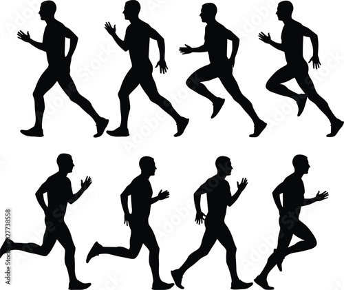 Running cycle, athlete silhouettes, motion phases, biomechanics, stride analysis, black vector, sports science, human movement, animation reference