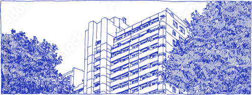 A blue and white drawing of a building with trees in the background. The building is tall and has many windows. vector illustration