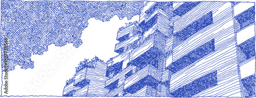 A blue and white drawing of a city skyline with a cloudy sky. The drawing is in black and white and has a lot of detail. vector illustration